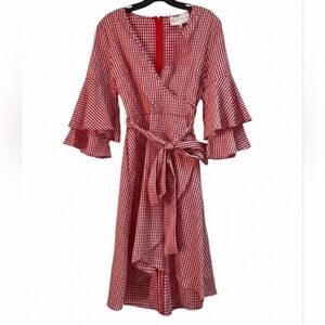 Charles Henry Red Gingham Robe with Ruffle Sleeves